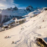 Aerial view of Alpine ski slopes in Oberndorf, Tirol with skiers carving tracks in fresh powder snow and Austrian chalets below.