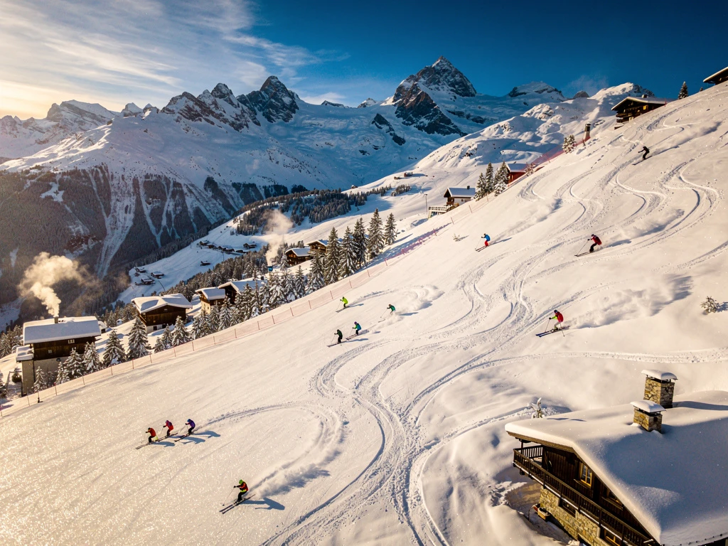Aerial view of Alpine ski slopes in Oberndorf, Tirol with skiers carving tracks in fresh powder snow and Austrian chalets below.