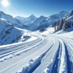 Skipiste in Horberg met verse poedersneeuw, kleurrijke skisporen en professionele ski-uitrusting tegen bergachtergrond