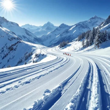 Skipiste in Horberg met verse poedersneeuw, kleurrijke skisporen en professionele ski-uitrusting tegen bergachtergrond