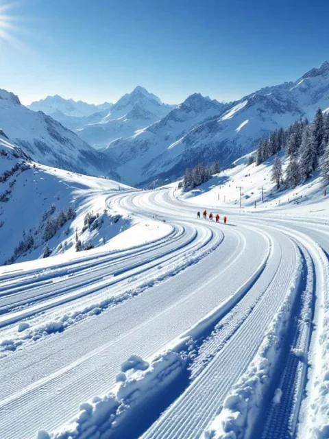 Skipiste in Horberg met verse poedersneeuw, kleurrijke skisporen en professionele ski-uitrusting tegen bergachtergrond