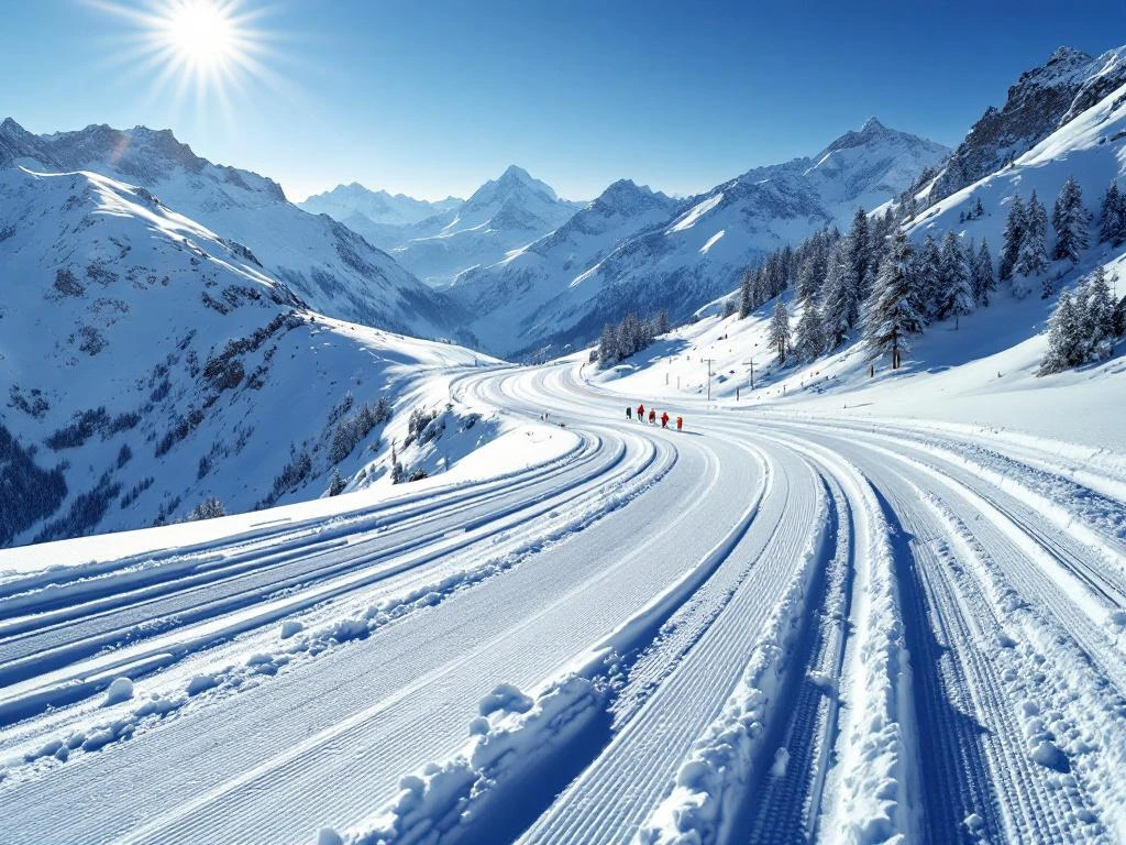 Skipiste in Horberg met verse poedersneeuw, kleurrijke skisporen en professionele ski-uitrusting tegen bergachtergrond