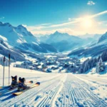 Alpiene skipiste in Viehhofen met poedersneeuw, ski-uitrusting op voorgrond en Oostenrijks dorp in dal onder blauwe lucht