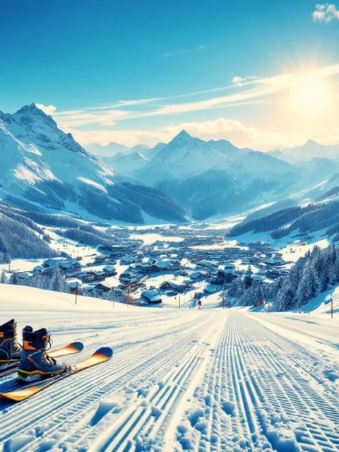 Alpiene skipiste in Viehhofen met poedersneeuw, ski-uitrusting op voorgrond en Oostenrijks dorp in dal onder blauwe lucht