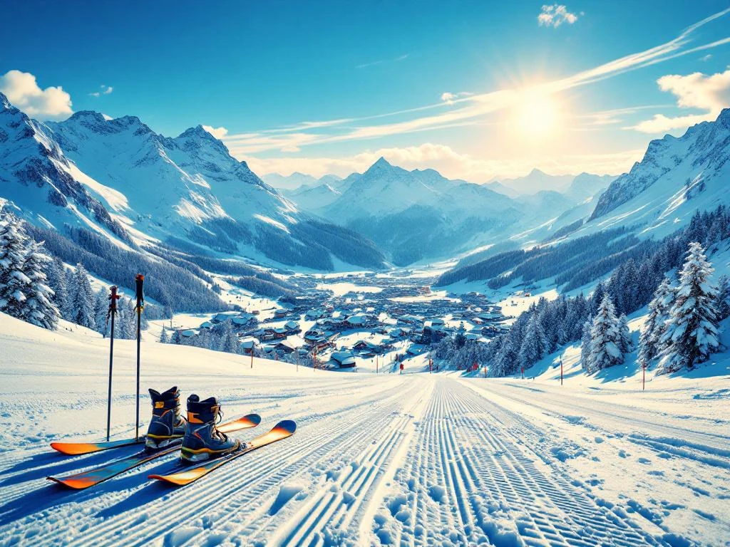 Alpiene skipiste in Viehhofen met poedersneeuw, ski-uitrusting op voorgrond en Oostenrijks dorp in dal onder blauwe lucht