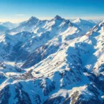 Luchtfoto van besneeuwde Alpentoppen met drukke skipistes, skiliften en kleurrijke skiërs onder blauwe hemel