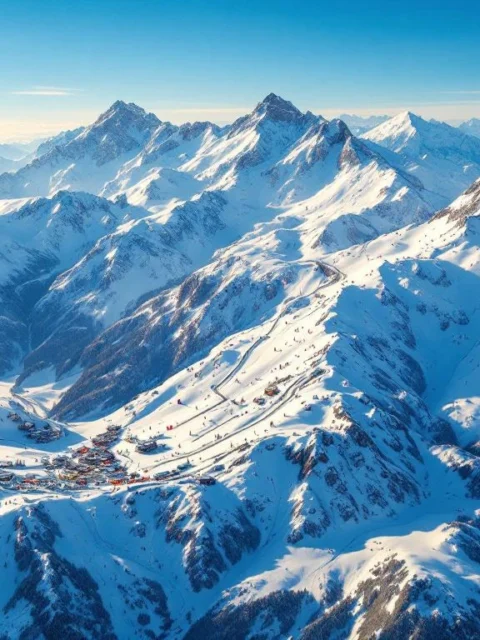 Luchtfoto van besneeuwde Alpentoppen met drukke skipistes, skiliften en kleurrijke skiërs onder blauwe hemel