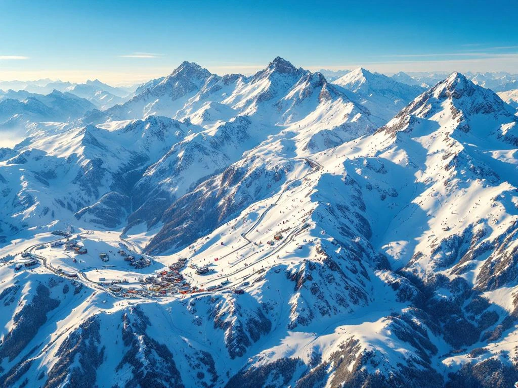 Luchtfoto van besneeuwde Alpentoppen met drukke skipistes, skiliften en kleurrijke skiërs onder blauwe hemel