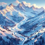 Luchtfoto van Alpine skipistes met verse poedersneeuw bij zonsondergang, skiliften en besneeuwde bergtoppen