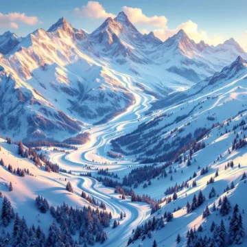 Luchtfoto van Alpine skipistes met verse poedersneeuw bij zonsondergang, skiliften en besneeuwde bergtoppen