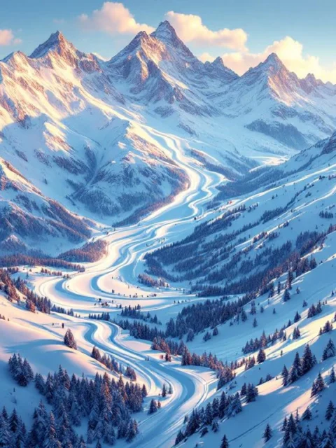 Luchtfoto van Alpine skipistes met verse poedersneeuw bij zonsondergang, skiliften en besneeuwde bergtoppen