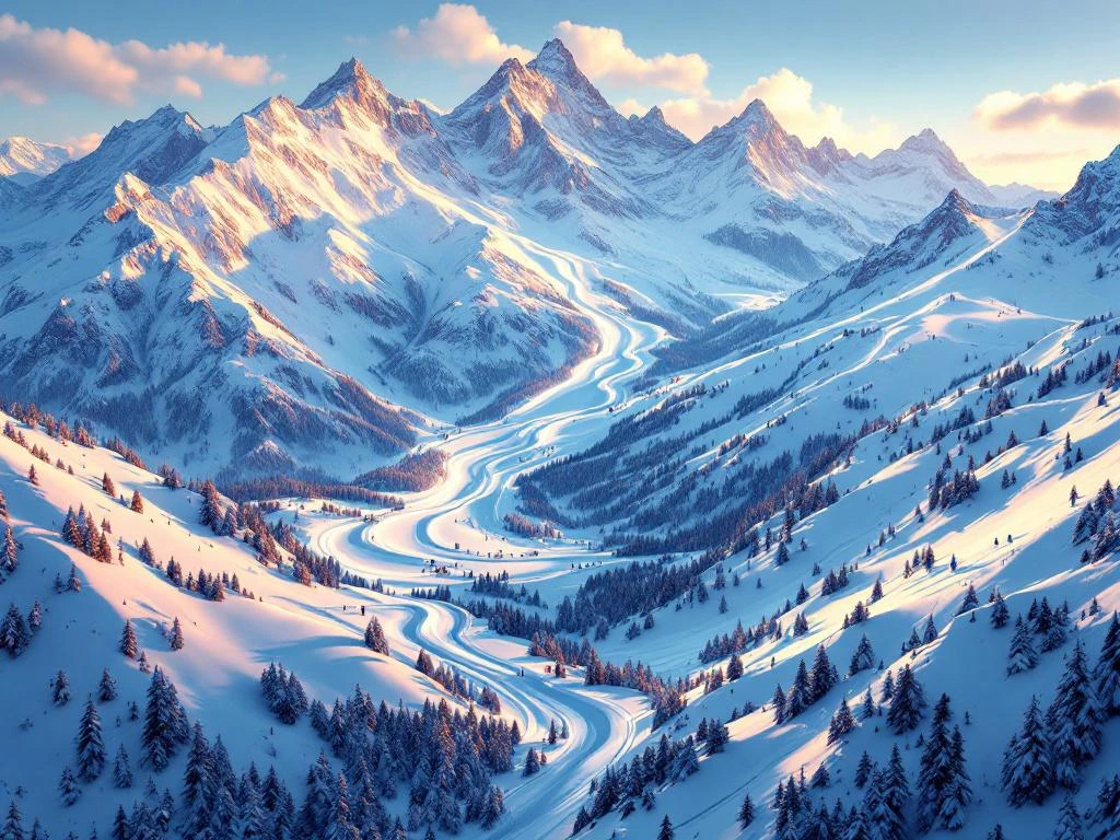 Luchtfoto van Alpine skipistes met verse poedersneeuw bij zonsondergang, skiliften en besneeuwde bergtoppen