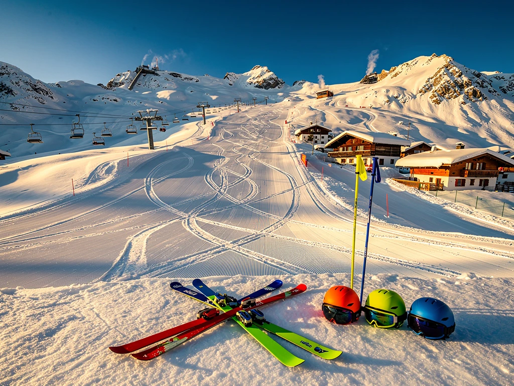Luchtfoto van besneeuwde skipistes in Mittelberg met ski-uitrusting, chalets en skiliften onder blauwe hemel