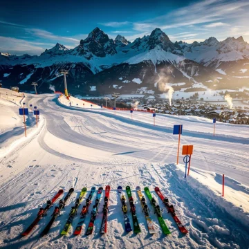 Luchtfoto van besneeuwde skipistes in Radstadt-Altenmarkt met ski-uitrusting en Oostenrijkse bergtoppen bij zonsondergang