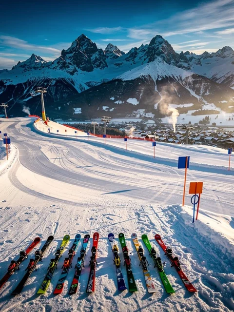 Luchtfoto van besneeuwde skipistes in Radstadt-Altenmarkt met ski-uitrusting en Oostenrijkse bergtoppen bij zonsondergang