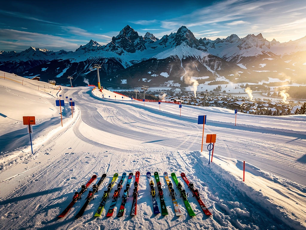 Luchtfoto van besneeuwde skipistes in Radstadt-Altenmarkt met ski-uitrusting en Oostenrijkse bergtoppen bij zonsondergang