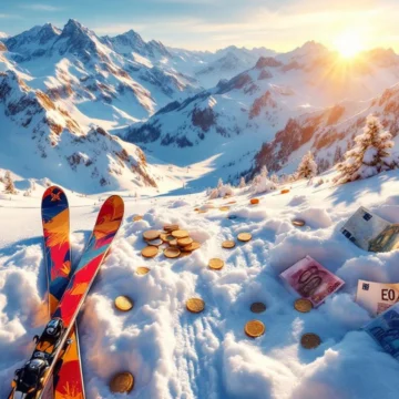 Alpine skipistes met verse poedersneeuw, kleurrijke ski-uitrusting en euro bankbiljetten in gouden zonlicht