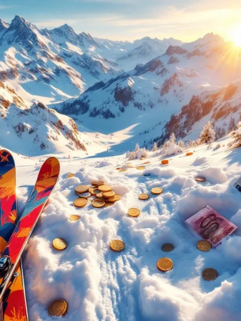 Alpine skipistes met verse poedersneeuw, kleurrijke ski-uitrusting en euro bankbiljetten in gouden zonlicht