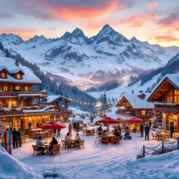 Alpine skiresort bij zonsondergang met sneeuwchalets, après-ski terrassen vol skiërs en besneeuwde bergtoppen