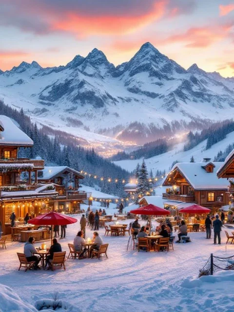 Alpine skiresort bij zonsondergang met sneeuwchalets, après-ski terrassen vol skiërs en besneeuwde bergtoppen