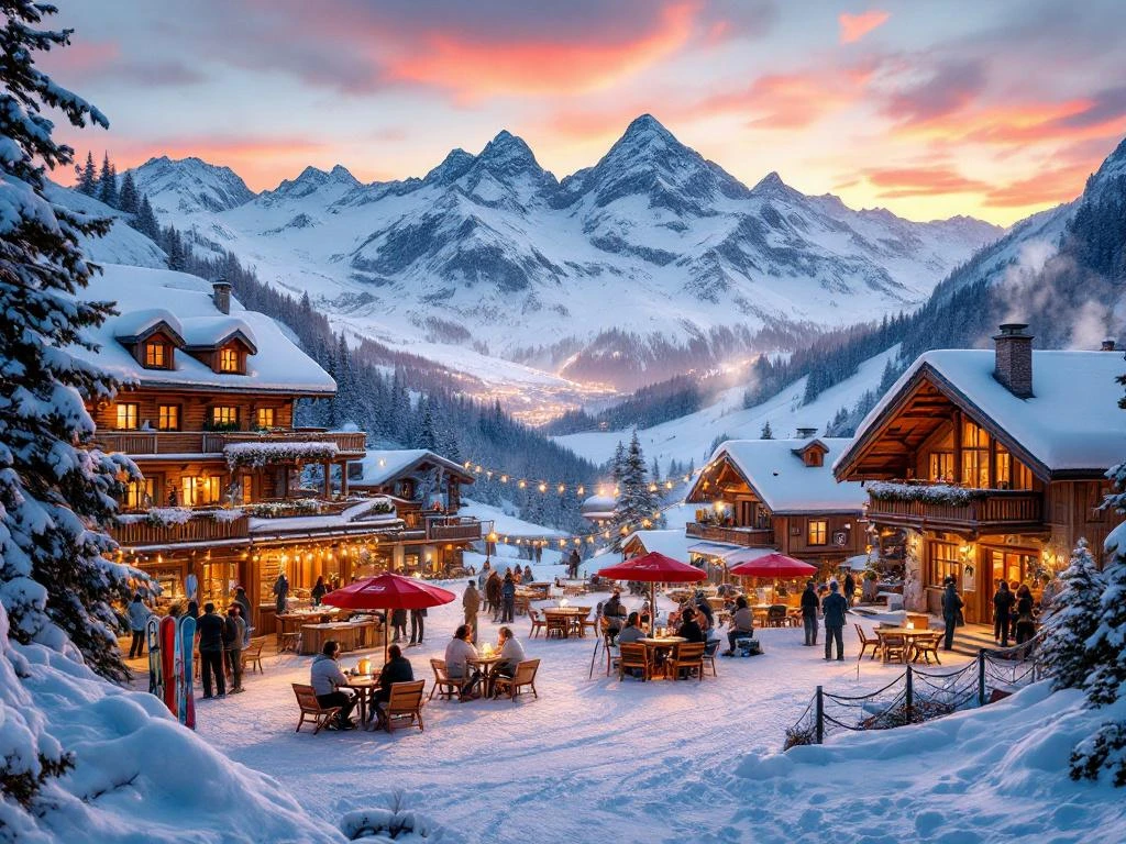 Alpine skiresort bij zonsondergang met sneeuwchalets, après-ski terrassen vol skiërs en besneeuwde bergtoppen