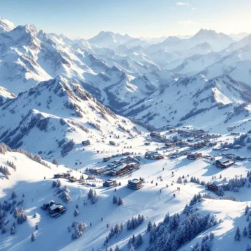 Luchtfoto van Arc 1600 skigebied in de Franse Alpen met besneeuwde pistes, skiërs en liften bij gouden zonlicht