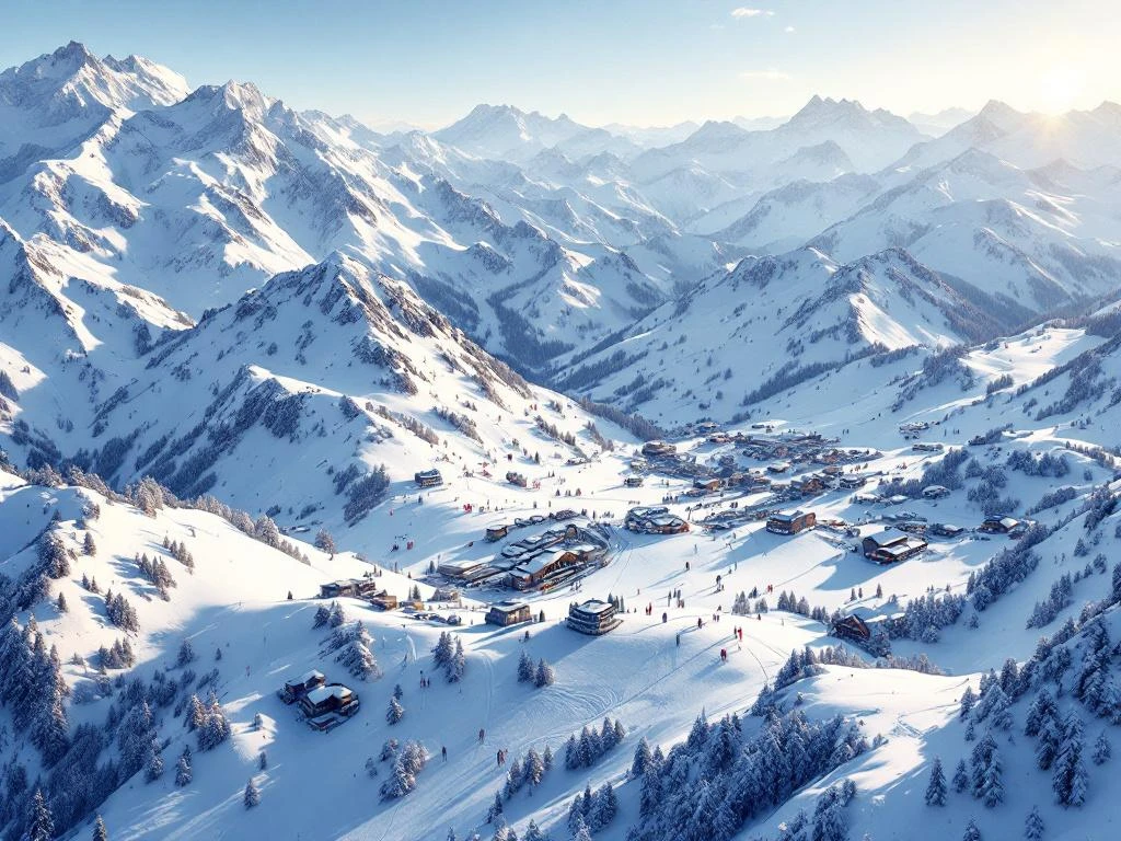 Luchtfoto van Arc 1600 skigebied in de Franse Alpen met besneeuwde pistes, skiërs en liften bij gouden zonlicht