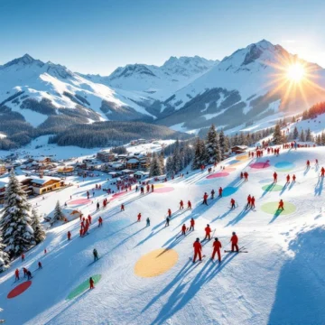 Luchtfoto van Arc 1800 skigebied met instructeurs in rode jassen op geprepareerde pistes omringd door besneeuwde Alpen