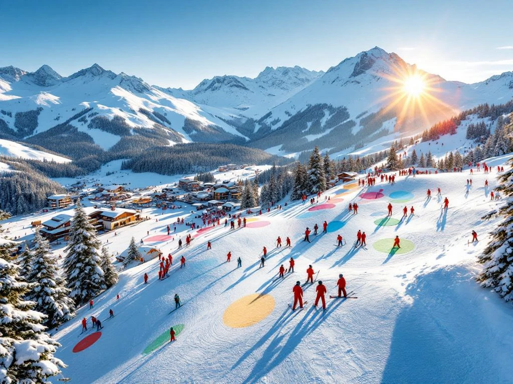 Luchtfoto van Arc 1800 skigebied met instructeurs in rode jassen op geprepareerde pistes omringd door besneeuwde Alpen