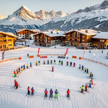 Arc 1950 ski slopes at golden hour with lesson groups on groomed powder snow and Alpine chalets against mountain peaks.