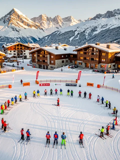 Arc 1950 ski slopes at golden hour with lesson groups on groomed powder snow and Alpine chalets against mountain peaks.