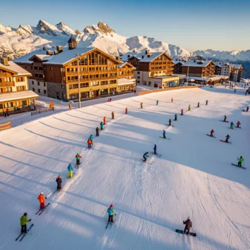 Luchtfoto van skipistes Arc 1950 tijdens gouden uur met skileraren en groepen in kleurrijke winterkleding op besneeuwde hellingen