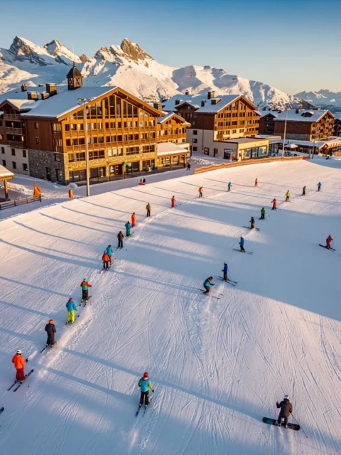 Luchtfoto van skipistes Arc 1950 tijdens gouden uur met skileraren en groepen in kleurrijke winterkleding op besneeuwde hellingen