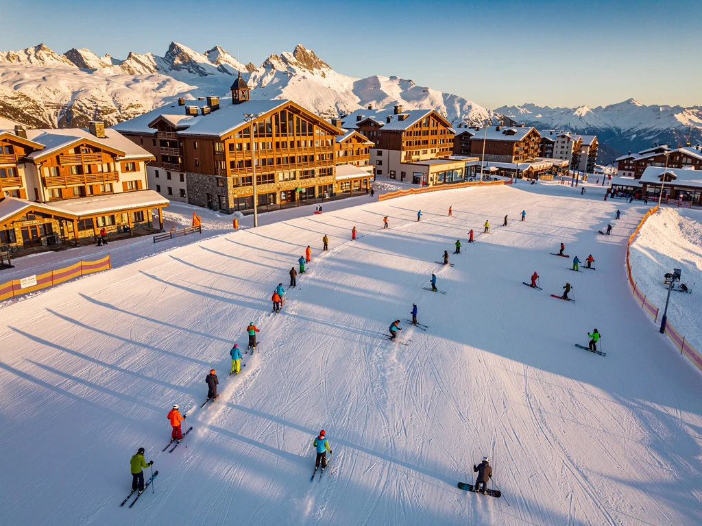Luchtfoto van skipistes Arc 1950 tijdens gouden uur met skileraren en groepen in kleurrijke winterkleding op besneeuwde hellingen