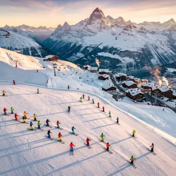 Ski instructors teaching groups on groomed Alpine slopes in Argentière with Mont Blanc massif backdrop during golden hour