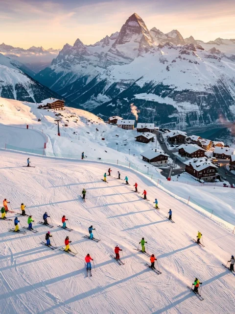 Ski instructors teaching groups on groomed Alpine slopes in Argentière with Mont Blanc massif backdrop during golden hour
