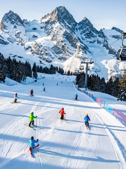 Luchtfoto van skiërs op besneeuwde hellingen in Argentière met Mont Blanc op achtergrond, Franse Alpen