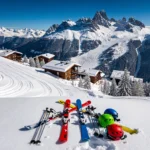 Aerial view of Avoriaz ski resort with pristine white slopes, colorful ski equipment, and wooden chalets under blue Alpine skies.