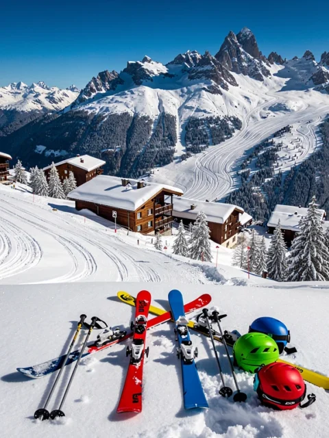 Aerial view of Avoriaz ski resort with pristine white slopes, colorful ski equipment, and wooden chalets under blue Alpine skies.