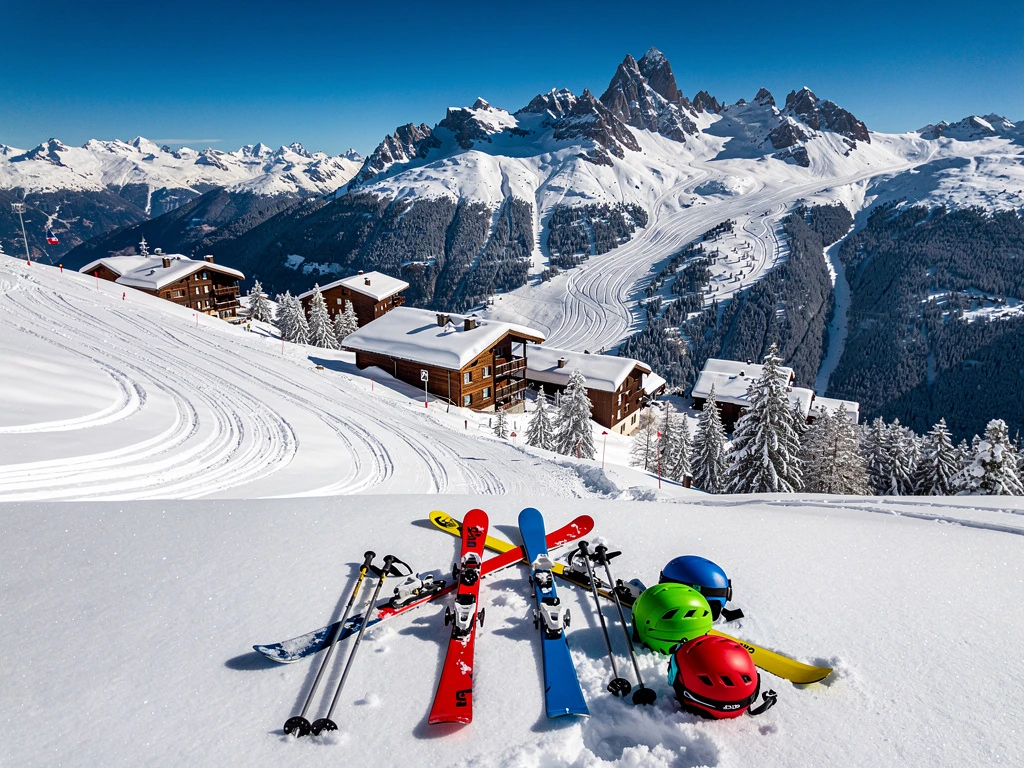 Aerial view of Avoriaz ski resort with pristine white slopes, colorful ski equipment, and wooden chalets under blue Alpine skies.