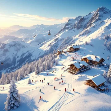 Axamer Lizum skipistes met skiërs op verschillende moeilijkheidsgraden, Oostenrijkse berghutten en kabelbanen bij zonsopgang