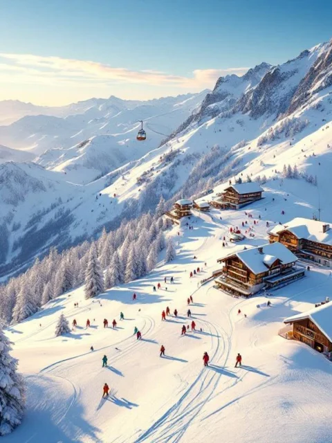 Axamer Lizum skipistes met skiërs op verschillende moeilijkheidsgraden, Oostenrijkse berghutten en kabelbanen bij zonsopgang