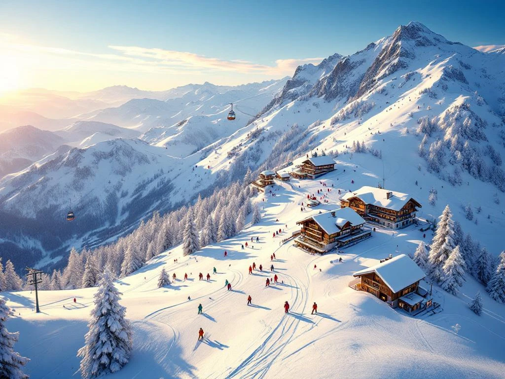 Axamer Lizum skipistes met skiërs op verschillende moeilijkheidsgraden, Oostenrijkse berghutten en kabelbanen bij zonsopgang