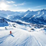 Luchtfoto van Bad Hofgastein skipistes met poedersneeuw, ski-uitrusting en Oostenrijkse Alpen op achtergrond