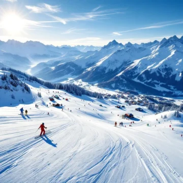 Luchtfoto van Bad Hofgastein skipistes met poedersneeuw, ski-uitrusting en Oostenrijkse Alpen op achtergrond