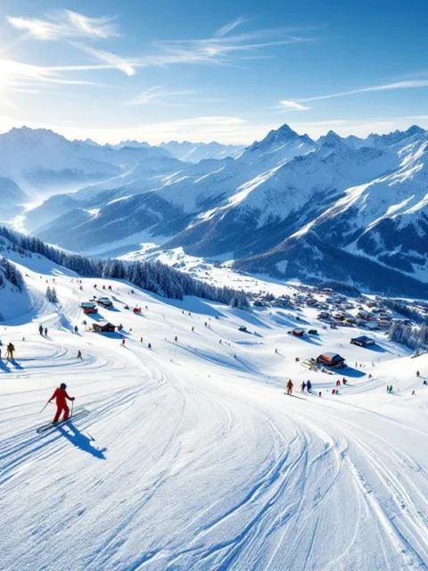 Luchtfoto van Bad Hofgastein skipistes met poedersneeuw, ski-uitrusting en Oostenrijkse Alpen op achtergrond