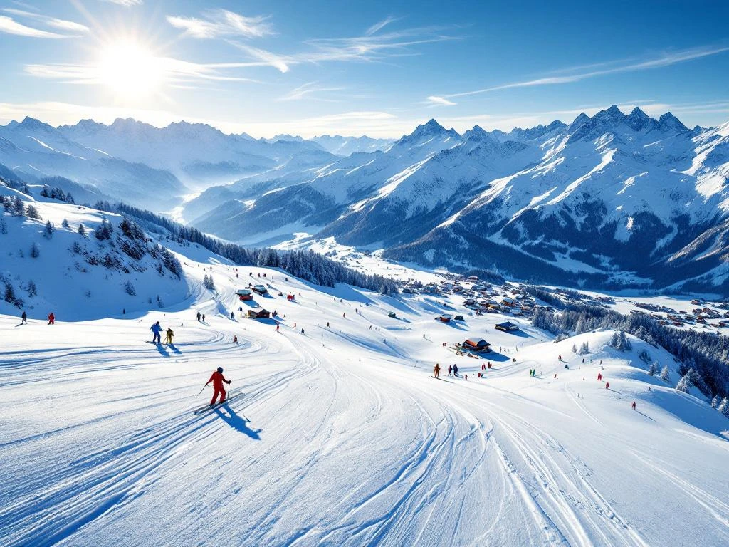 Luchtfoto van Bad Hofgastein skipistes met poedersneeuw, ski-uitrusting en Oostenrijkse Alpen op achtergrond