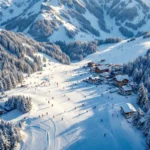 Luchtfoto van Bad Kleinkirchheim skipistes bij zonsondergang met skiërs, berghutten en kabelbanen in Oostenrijkse Alpen