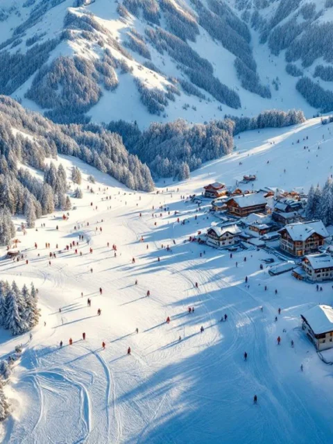 Luchtfoto van Bad Kleinkirchheim skipistes bij zonsondergang met skiërs, berghutten en kabelbanen in Oostenrijkse Alpen