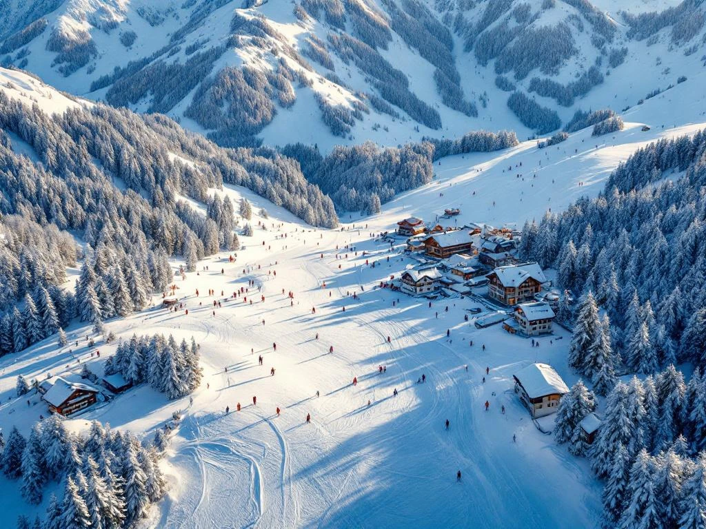 Luchtfoto van Bad Kleinkirchheim skipistes bij zonsondergang met skiërs, berghutten en kabelbanen in Oostenrijkse Alpen